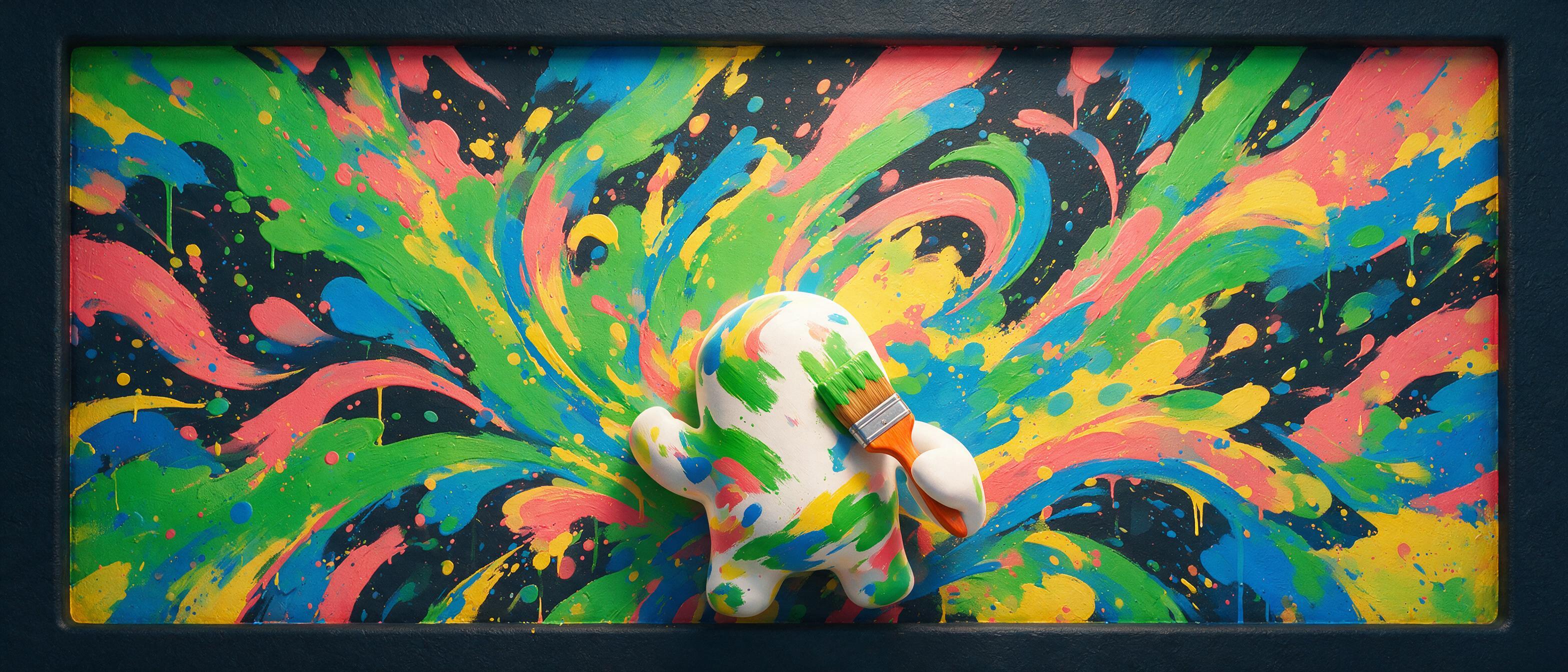 Meccha Chameleon key art — a chameleon painting itself to blend into a colorful wall